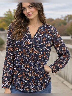 Brina & Em Floral V-Neck Long-Sleeve Fall Autumn Blouse 
Size Medium